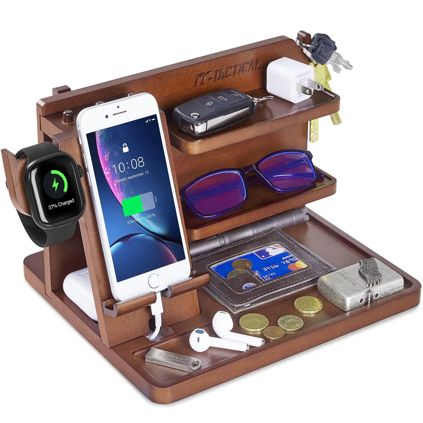 1TG Tactical Nightstand Organizer Wood Phone Docking Station with Adjustable Rack Bedside Desk Organizer EDC Tray for Men Dads Husbands – Ideal for Anniversaries and Birthdays - Red Brown