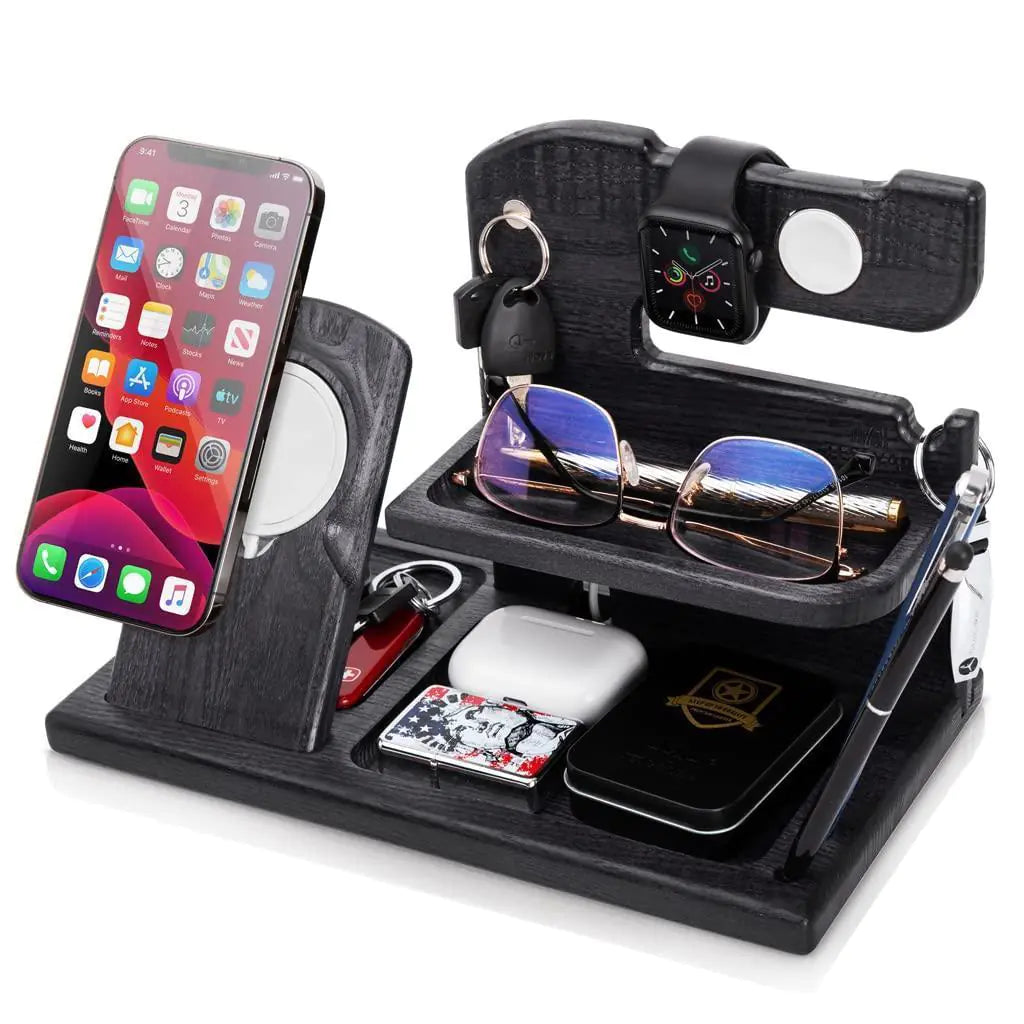 Wood Phone Docking Station Charger Xmas Gifts for Men or Dad for Husband