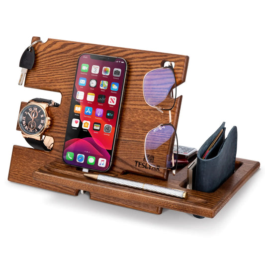 TESLYAR Wood Phone Docking Station Ash Key Holder Wallet Stand Watch Organizer Men Husband Wife Anniversary Dad Birthday Nightstand Purse Father Graduation Male Travel Idea Gadgets (Brown)