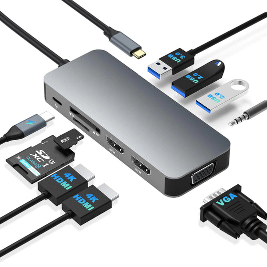 Docking Station Dual Monitor USB C to Dual HDMI Adapter USB C Docking Station Dual Monitor Dual Monitor Adapter USB C Hub 10 in 1 Docking Station 3 Monitors with HDMI/VGA/PD/USB/SD/TF/3.5mm Audio