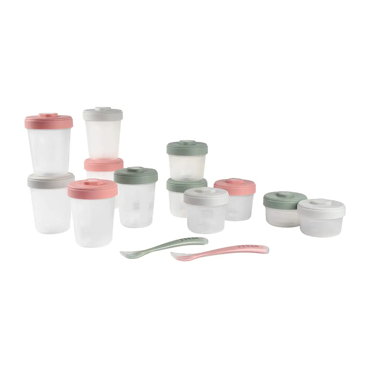 Beaba Clip Containers Set of 12 + 2 Spoons Baby Food Storage Containers Food Storage Containers with Lid Baby Food + Toddler Snack Containers (Eucalyptus)