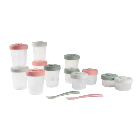 Beaba Clip Containers Set of 12 + 2 Spoons Baby Food Storage Containers Food Storage Containers with Lid Baby Food + Toddler Snack Containers (Eucalyptus)